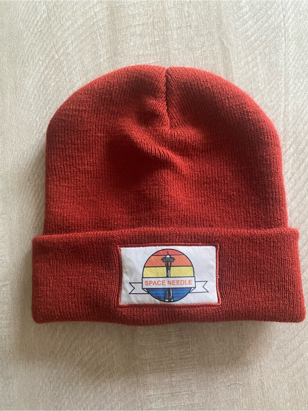 Red Knit Acrylic Beanie Hat Space Needle Patch Seattle Theme One Size